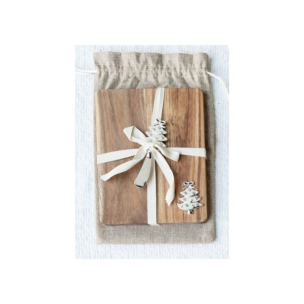 Acacia Wood - Cheeseboard + Spreader w Gift Bag (Various Designs)
