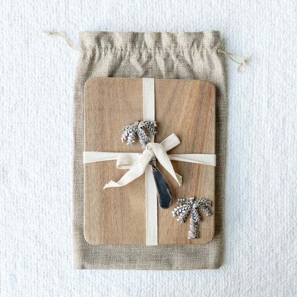 Acacia Wood - Cheeseboard + Spreader w Gift Bag (Various Designs)