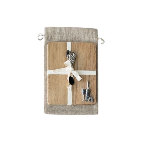 Acacia Wood - Cheeseboard + Spreader w Gift Bag (Various Designs)